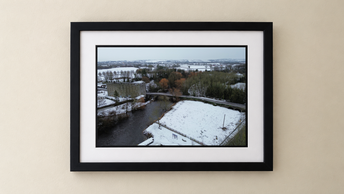 Milford Weir in the Snow - Premium Framed Drone Print